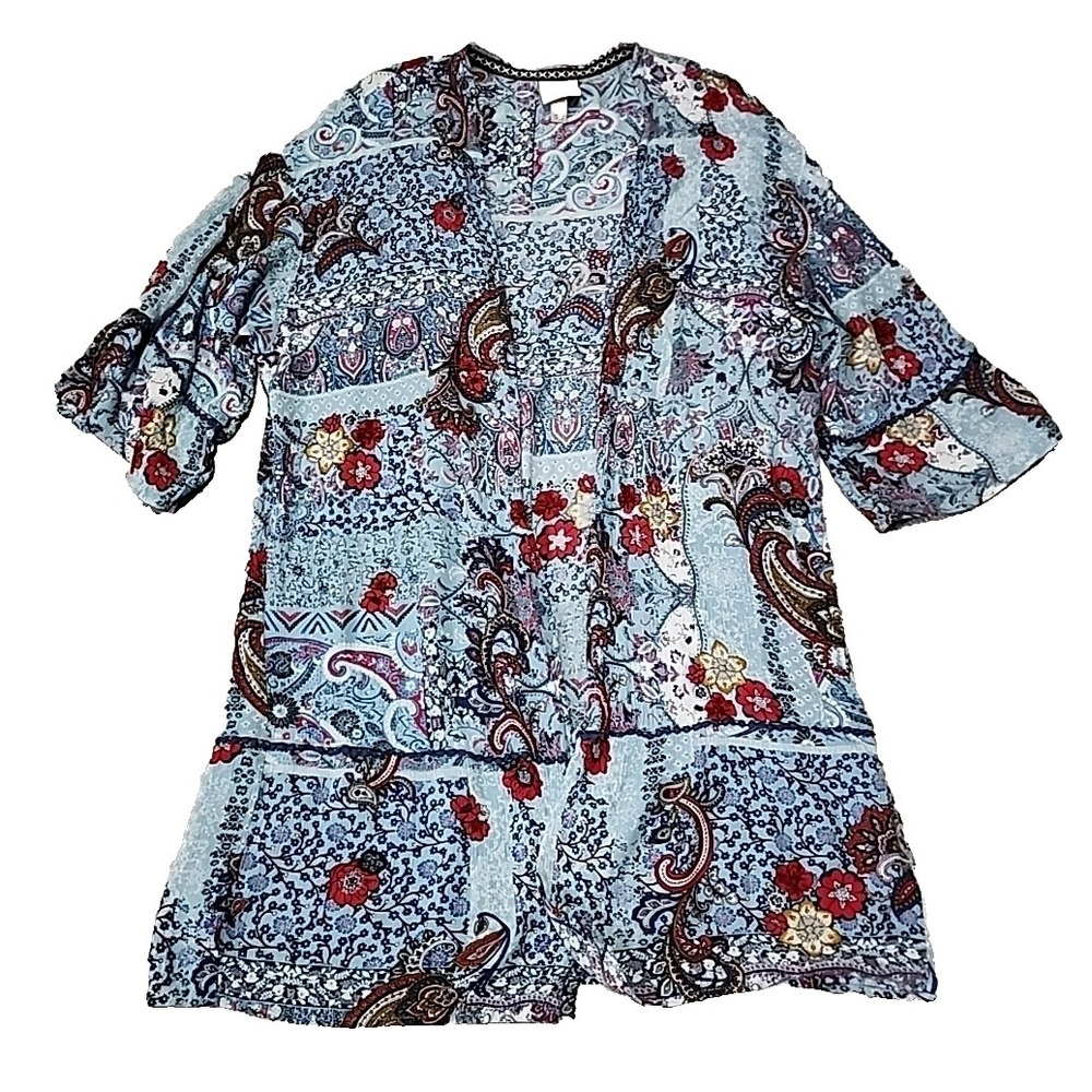 Knox Rose Blue Paisley Floral Patchwork Open Front Kimono Cardigan Medium
